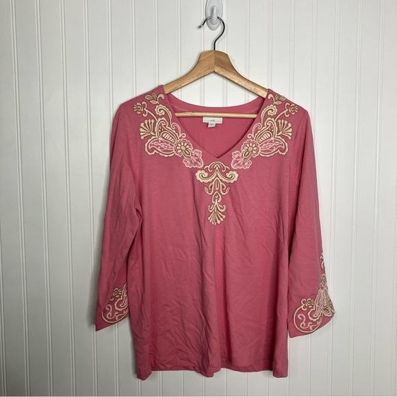 J.Jill Top Small Pink Multicolor Embroidery V-neck Summer Casual - Picture 1 of 6